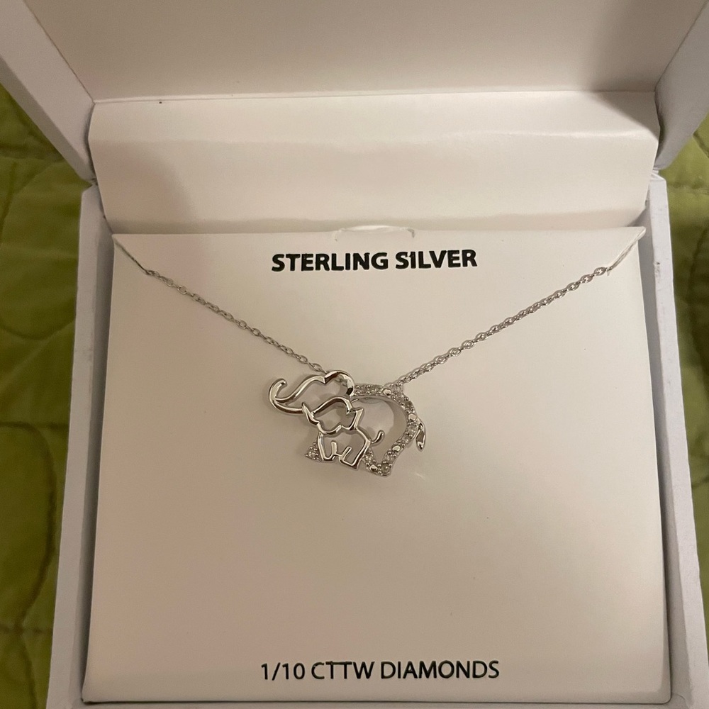 Macy’s Diamond Elephant & Baby Sterling Silver Pendant Necklace (1/10 ct…